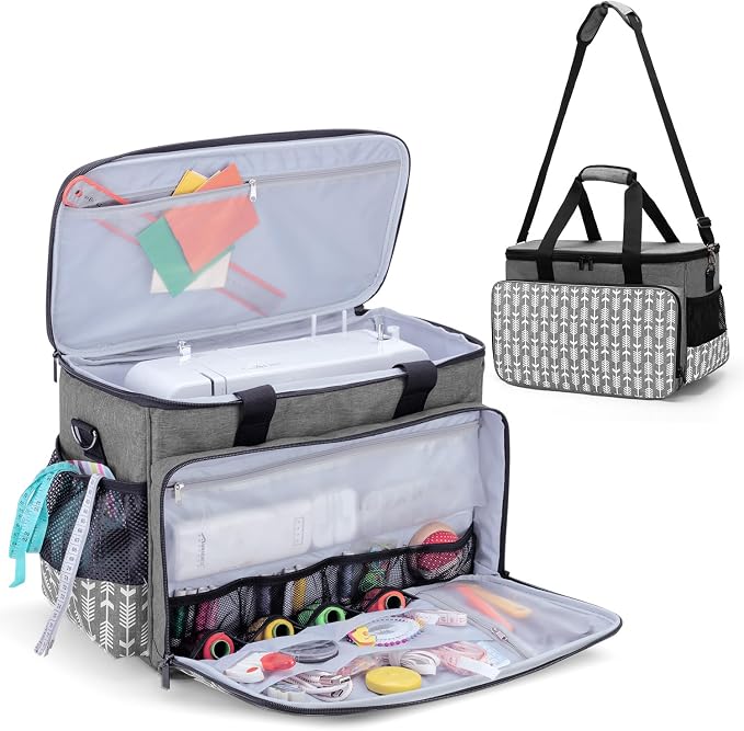 Yarwo Sewing Machine Carrying Case with Thicken Bottom Board, Universal Sewing Machine Tote Compatible with Most Standard Sewing Machine and Accessories,Gray with Arrow