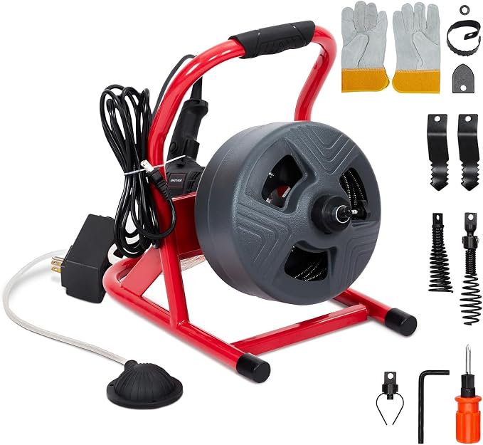 PIONEERWORKS 50Ft x 5/16 Inch Drain Cleaner Machine, Professional Electric Drain Auger for 3/4-3 Inch Pipes, Foot Switch with 6 Cutters, Gloves, Drain Auger Cleaner Sewer Snake - DA04