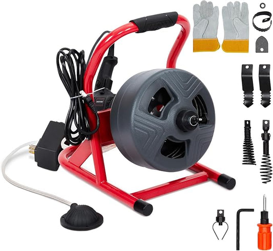 PIONEERWORKS 50Ft x 5/16 Inch Drain Cleaner Machine, Professional Electric Drain Auger for 3/4-3 Inch Pipes, Foot Switch with 6 Cutters, Gloves, Drain Auger Cleaner Sewer Snake - DA04