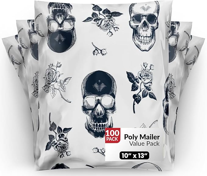 10x13 Poly Mailers – Skull Rose – Waterproof, Tear-Resistant Shipping Bags with Adhesive Seal – 100 Pack – Package Mint