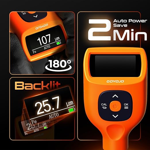 GOYOJO Paint Thickness Gauge for Cars, 0-2000μm (0-79 mils) Coating Thickness Meter, Auto Fe/Al/Zn/Fe(C) Detection, 0.1μm Resolution, ±(2%+1μm) Accuracy for Paint Inspection