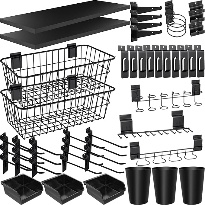 43 Pc Slatwall Organizer Kit with Hooks, Shelves, Baskets, Bins, Cups, Screwdriver Holder for Tool Organization (Black)