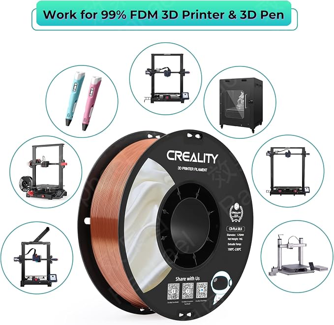 Creality Silk PLA 3D Printer Filament, Silk Shiny Metallic PLA Filament 1.75mm, Clog-Free Metallic Texture, +/-0.02mm, 3D Printing Filament 1KG/2.2lb (Red Copper)