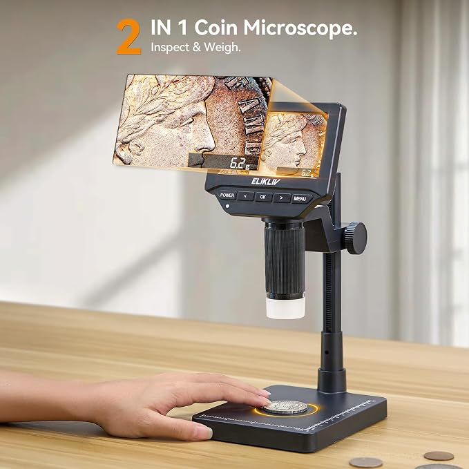 Elikliv EDM4C Coin Microscope with Scale：4.3" Digital Microscope with Adjustable LED+Elikliv Coin Microscope, 4.3'' LCD Digital Microscope 1000x