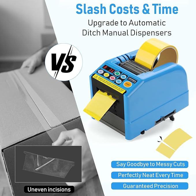 Upgraded Ceramic Roller Automatic Tape Dispenser, Dual Ribbon Cutting Machine, Adjustable 6-60mm Width 5-999mm Length, Electric Tape Cutter for Business, Shipping, Home & Daily Use