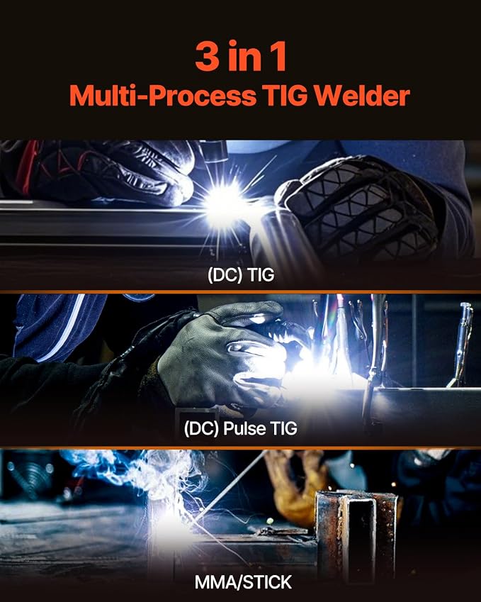 VEVOR TIG Welder, 205A 3-In-1 Welding Machine (Large LED Display)- DC TIG/DC Pulse TIG/MMA(Stick), 110&220V Dual Voltage Electric Welder with IGBT Inverter High-Frequency Start