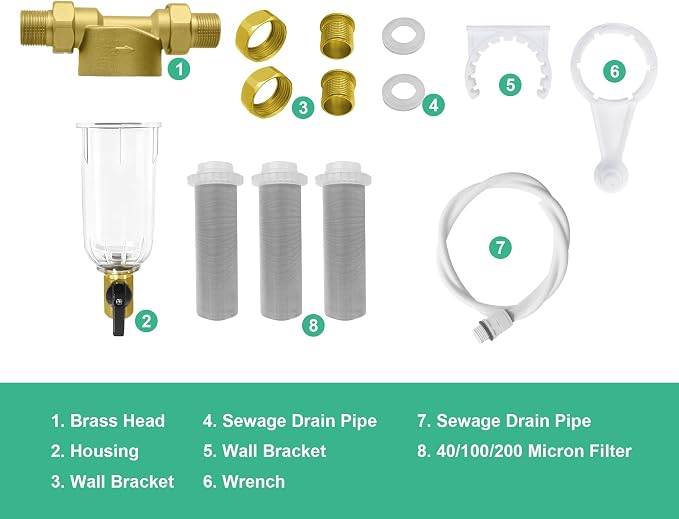 40/100/200 Micron Spin Down Sediment Filter, Pre-Filtration System for City/Well Water, Reusable Brass Whole House Sediment Water Filter, 1'' MNPT + 3/4'' FNPT + 3/4'' MNPT