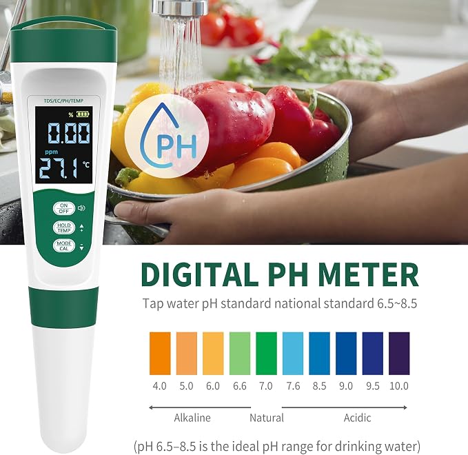 5-in-1 Digital PH Meter, with Voice Function, PH/TDS/EC/Temp/Salt Pool Salt Tester, Waterproof & Rechargeable Pen Meter for Swimming Pools, Fish Tank, Aquariums & Hydroponics