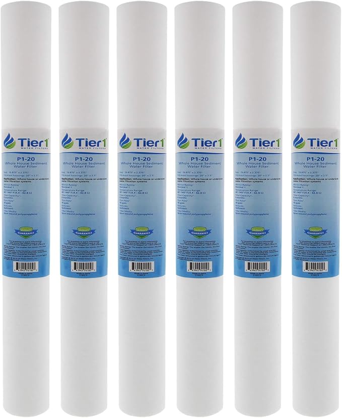 Tier1 1 Micron 20 x 2.5 Whole House Water Filter | Spun Wound Polypropylene Sediment Depth Filtration | Replacement for Pentek P1-20, SP-P1-20, PX01-20 | 2.5 x 20 Water Filter Cartridge (6 Pack)
