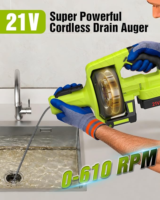 Ublue 21V Cordless Electric Drain Auger, 25Ft Auto Feed Drain Snake for Clog Remover with 2.0Ah Battery, Plumbing Snake for Sink Toilet Bathroom Shower Pipes 3/4"-2.95", Included Bag Gloves Rag