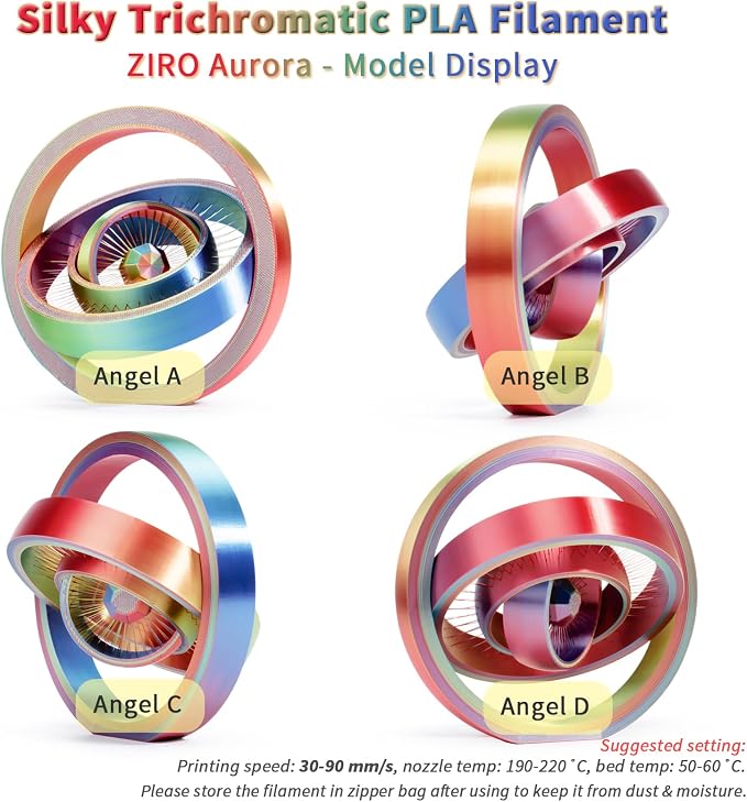 ZIRO Silk Tricolors PLA Filament Bundle, 4 Packs Color Change by Angle Shine Filament 1.75mm, Dimensional Accuracy +/-0.03mm, Fit Most FDM 3D Printer, 1KG x 4 Spool (Glossy Surface)