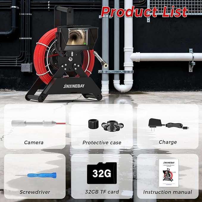 Sewer Pipe Inspection Camera, IPS Monitor 32GB TF Card DVR, IP68 1200TVL HD Camera 65/100FT Fiberglass Cable, 5600mAh Battery Night Vision, for Home/Contractor/Plumber (4.3 inch/100FT)