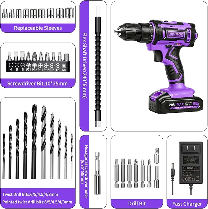 Purple Cordless Drill Set,20V Drill Driver with Battery and Charger,3/8-Inch Keyless Chuck, Variable Speed,with Drills Bits Set