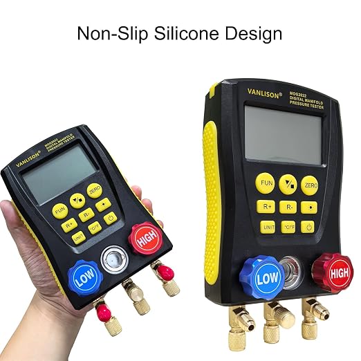 Pro-Grade Digital Manifold Gauge Set – HVAC Gauges AC Refrigerant Diagnostic Tool w/112 Refrigerant Database, Dual Temp & Pressure Sensors, Leak Test, Backlit LCD