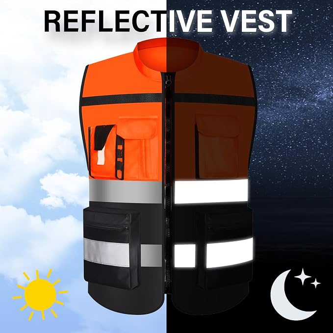 Safety Vest Two Tone for Men Women Work Vest with Pockets and Zipper Construction Workwear Vest