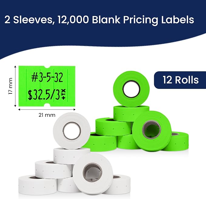 Perco White & Green Pricing Labels for Perco 2 Line Price and Date Gun – One White & One Green Sleeve - 12,000 Price Marking Labels – 2 Sleeves, 16 Rolls Combo Pack - with Label Scraper Included
