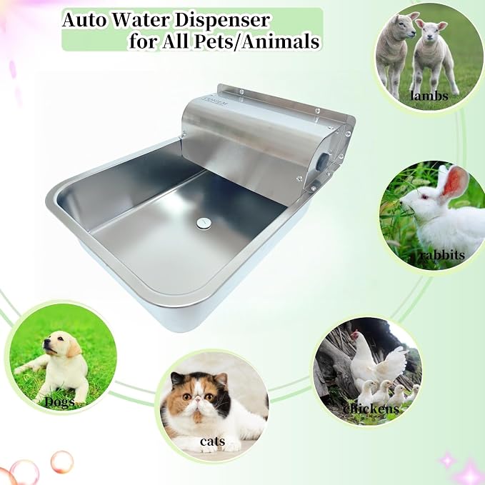 304 Stainless Steel Automatic Dog Waterer - 11L Large Capacity Pet Water Dispenser with 3/4" Brass Adapter & Drain Hole, Anti-Leak Design for Dogs, Cats, Alpacas & Livestock, Outdoor Farm Use