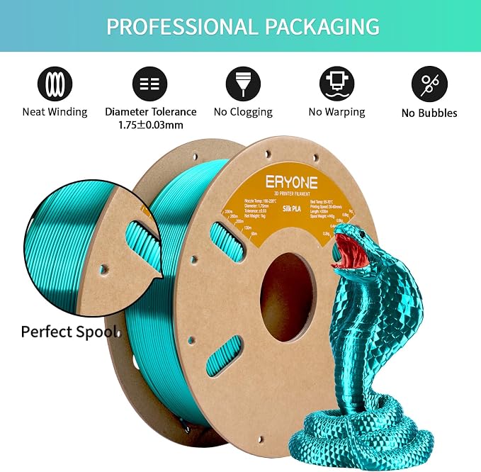 ERYONE Silk PLA Filament for 3D Printer 1.75mm +/- 0.03mm, Shiny Filament 1kg (2.1lbs)/Spool, Lake Cyan