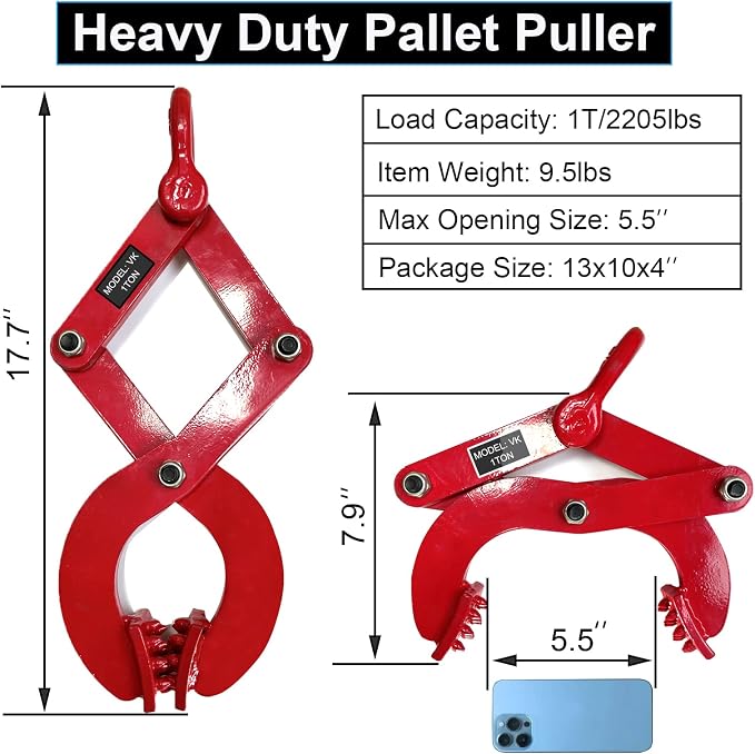 Pallet Puller 1T/2205lbs Capacity Heavy Duty Steel Single Scissor for Pulling Pallets, Woods and Other Things Easily, 5.5 Inches Bigger Jaw Opening Pallet Grabber