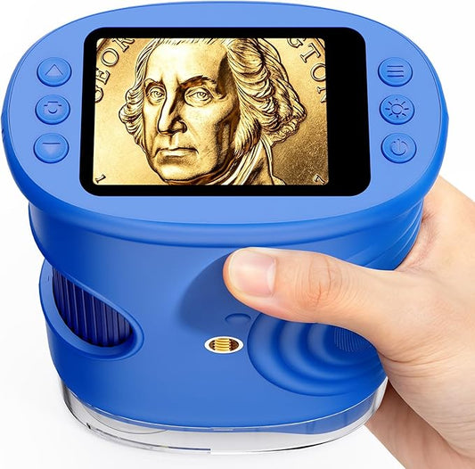 1000X Coin Microscope with Lights 2.0" IPS Screen, Digital Handheld Coin Magnifier with 8 Adjustable LED Light, Portable Rechargeable Pocket Microscope Compatible with Windows/Mac, Blue