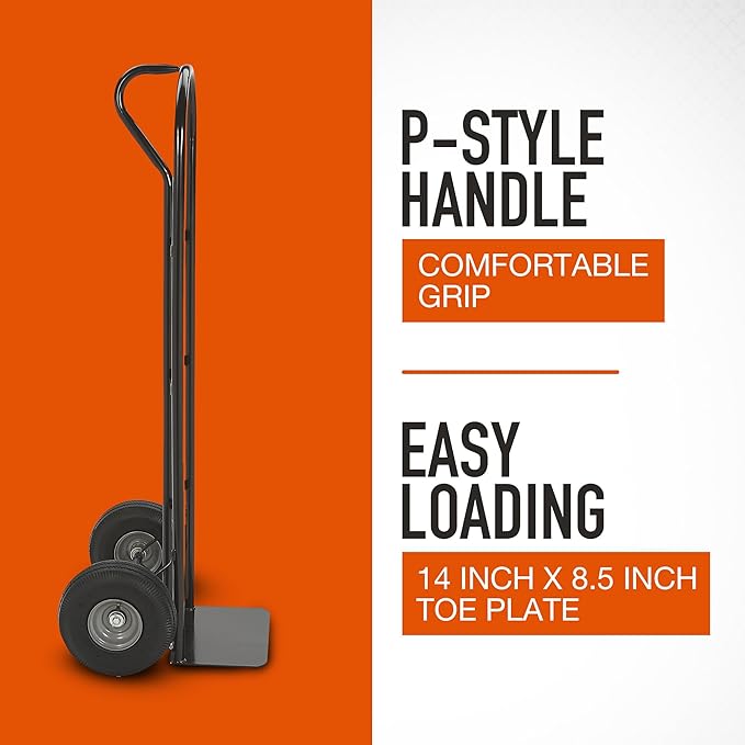 Ironton Steel Pneumatic Hand Truck Dolly, 600-Lb Capacity, Heavy-Duty Frame with 10-Inch Tires, P-Style Handle & 14" x 8.5" Toe Plate, Commercial Utility Cart for Moving & Garage Storage