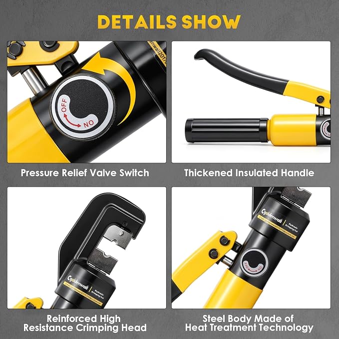 CGOLDENWALL Hydraulic Crimping Tools 10T 12 AWG to 2/0 AWG with Hexagon Steel 9 Dies for Copper and Aluminum Terminal Lugs Battery Wire Crimping, 2 Pairs of Sealing Rings Included