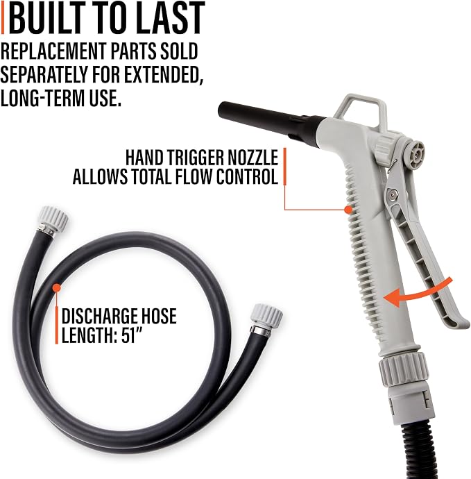 Deway Automatic Fuel Transfer Pump with Nozzle for Quick Flow Control & Stop, 51" Heavy Duty Rubber Hose, Powerful AA Battery Powered w/USB-C Option, Fits All Size Cans, Transfers at 3.8 Gal/Min