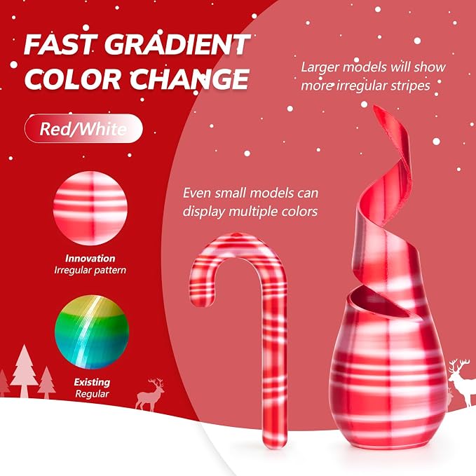 AMOLEN Silk PLA 3D Printer Filament, Shiny Multicolor Christmas Rainbow PLA Filament 1.75mm, Fast Color Change PLA 3D Printing Filament for Most FDM 3D Printer, Red White, 1kg (2.2lbs)