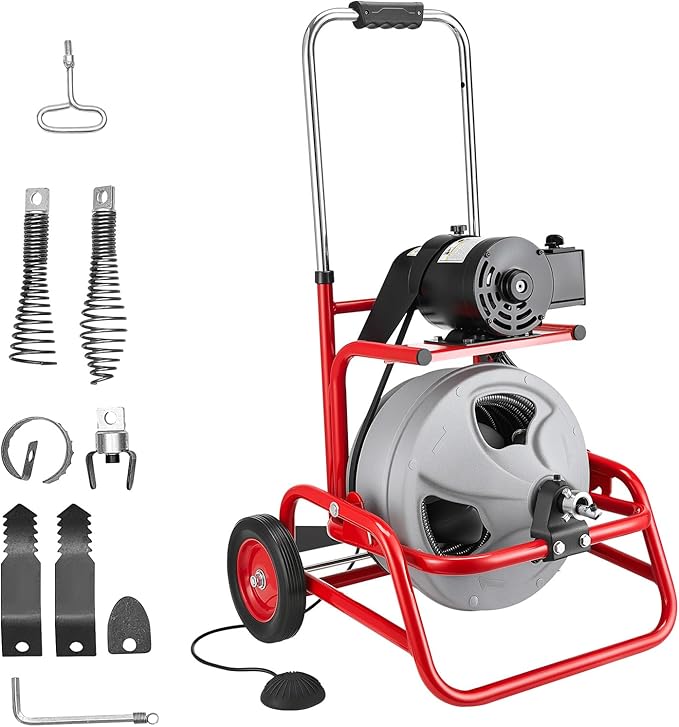 VEVOR Drain Cleaner Machine 75 FT x 3/8 Inch, Sewer Snake Auger on Wheels, Manual Feed Drain Cleaning Machine with Adjustable Drum Angle, 6 Cutters & Air-activated Foot Switch for 2" to 4" Pipes