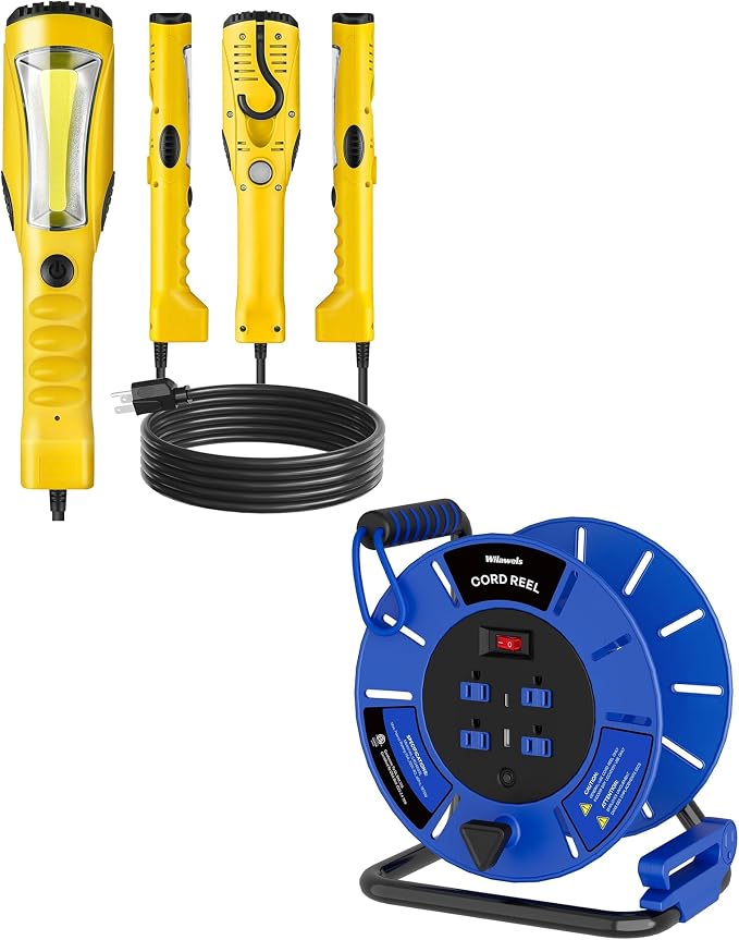 18W LED Work Light and Extension Cord Storage Reel with 4-Grounded Outlet & 2 USB Port Bundle, for Garage, Workshop, Car Repair Scene, Hand Wind Retractable Y03WL06-U85CR06