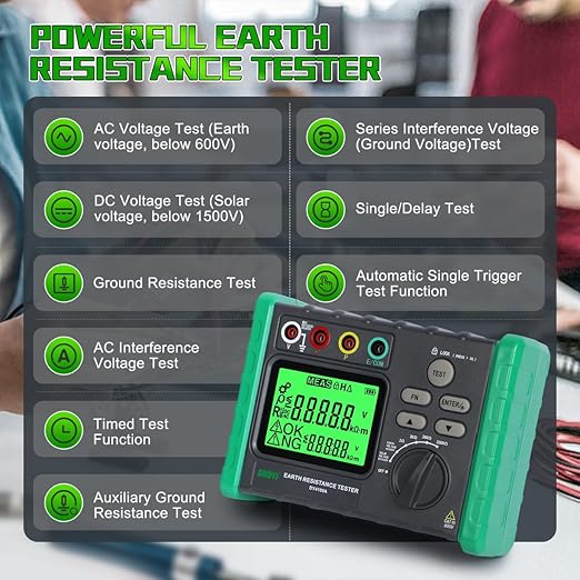 DUOYI Earth Ground Resistance Tester 0.03-2000Ω Soil Resistivity Meter,Upgraded Earth Resistance Tester Auto Measurement 600V AC Ground Voltage Meter with 6pcs 1.5V Batteries,Tool Bag