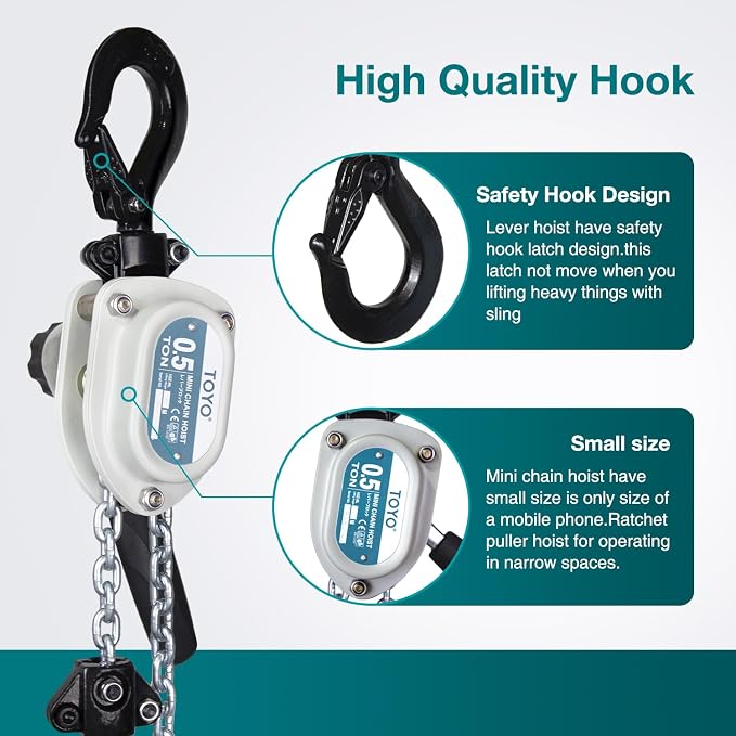 Mini Chain Hoist 1100lb TOYO Manual Lever Hoist 1/2 ton mini Puller 20ft Hand Lever Chain Hoist 6M Come Along Ratchet Lever Block Garages Warehouse Automotive Machinery