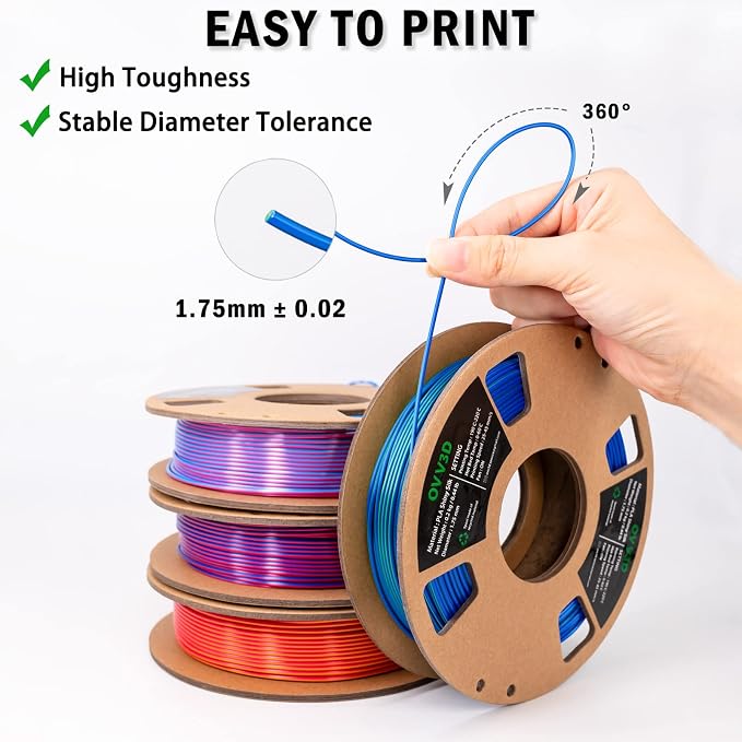 OVV3D Silk PLA 3D Printer Filament Bundle, Shiny Dual Color Filament 1.75mm Pack, Multi Color Change 3D Printing Filament for 3D Printer, 200g X 4 Spools of Red Gold Blue Green Sky-Blue