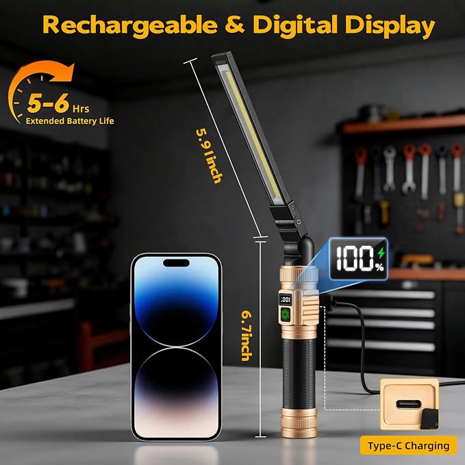 LNRYY Rechargeable Magnetic LED Work Light/Flashlight for Mechanics | All Aluminum, 1500 High Lumens, Digital Display, 360° Rotation, 7 Modes, for Car Repairing, Workshop, Gifts for Father