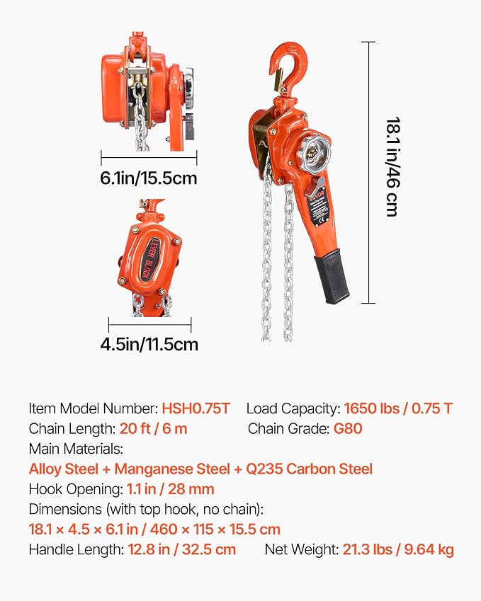 VEVOR Manual Lever Chain Hoist, 3/4T 1650LBS Capacity Heavy Duty Come Along, 20FT Lift G80 Alloy Steel Chain with Dual Pawl Mechanical Brake,360°Rotating Hooks, for Warehouse Construction Garage