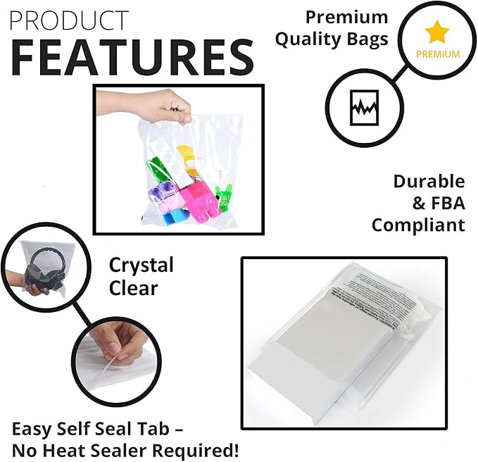9x12 Poly Bags w Suffocation Warning - 200 Pack Clear Packaging Strong Seal