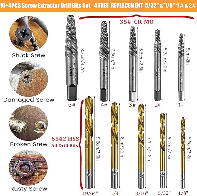 14Pcs Screw Extractor and Left Hand Drill Bits Set, Easy Out Screw Extractor Set, Broken Bolt Extractor Kit Bolt Remover, Reverse Cobalt HSS Steel Drill Bit for Remove Stripped Screws and Broken Bolts