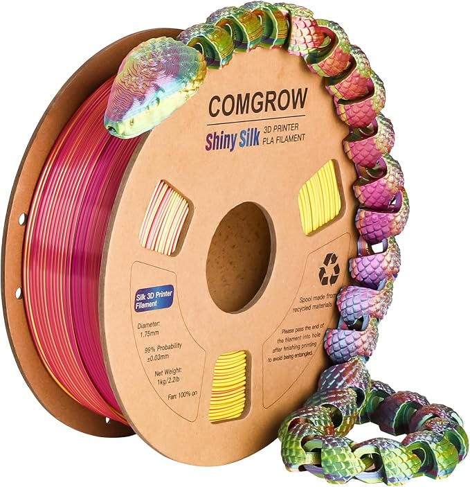 Comgrow Tri-Colors Silk PLA 3D Printer Filament, Rainbow PLA Filament 1.75mm, Dimensional Accuracy +/- 0.02 mm, 1KG Spool, Coextrusion 3D Filament with Shiny Silk Red-Blue-Yellow