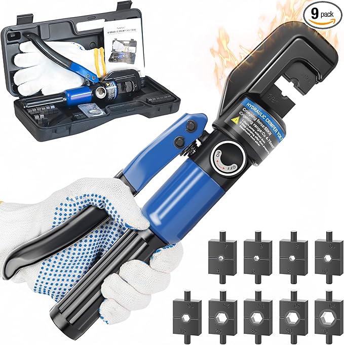 10 Ton Hydraulic Crimper, YQK‑70 Crimping Tool, 12–2/0 AWG, 1/8" 3/16" Dies for Stainless Steel Cable Railing, Battery Cable Terminal Lug Crimping Pliers