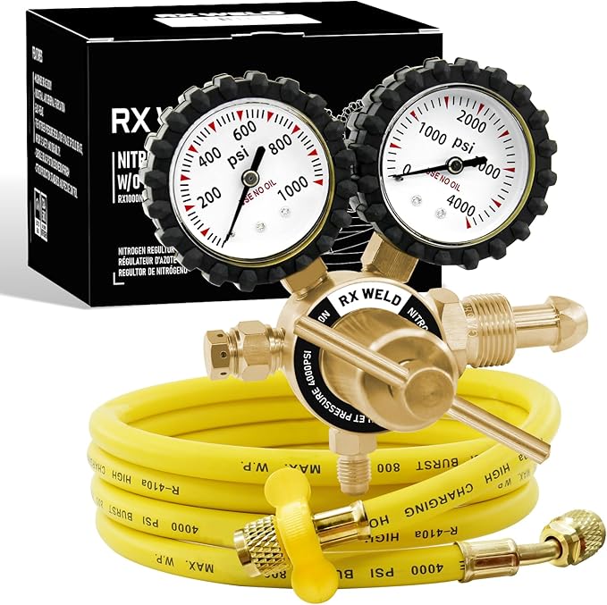 RX WELD Nitrogen Regulator, 0-1000 PSI, CGA580 Inlet, 1/4" Flare Outlet | 5FT Hose Included. Output: Adjustable 0-800PSI.