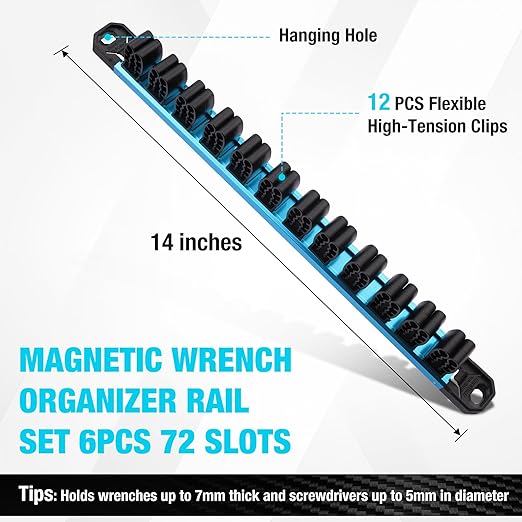 DURATECH Magnetic Screwdriver Organizer and Wrench Organizer, Screwdriver and Wrench Holder, Aluminum Tool Organizer Rail with 72 Slots for Toolbox Drawer and Tool Organization(6PCS)