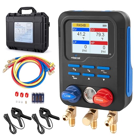 WISSCOOL Digital Manifold Gauges HVAC, R454B R134A R410A R32 AC Gauge Set with LED 2 Thermometer Clamp Probes,Pressure Temp Leak Test