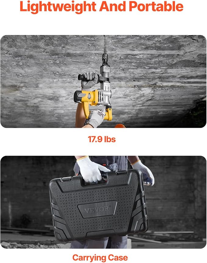 VEVOR Demolition Jack Hammer, 1400W Electric Jackhammer Heavy Duty, 2900 BPM Jack Hammer Concrete Breaker, with 1 Point Chisel, 1 Flat Chisel, Storage Case, Gloves and Goggles, for Demolition