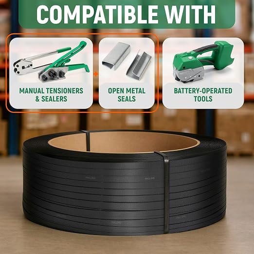 1/2" x 7200' Heavy-Duty Polypropylene (PP) Strapping Coil 0.031" Thick | Banding Strap, 16" x 6" Core, 600 lbs Break Strength, Black - For Bundling and Packaging - Flexible, Weather Resistant