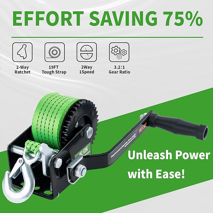 600lbs Heavy Duty Boat Trailer Winch with 19FT Strap, 2-Way Ratchet & 3.2:1 Gear Trailer Winch, Portable Hand Crank Winch for Boat, Truck, Trailer, RV, ATV, Jet Ski