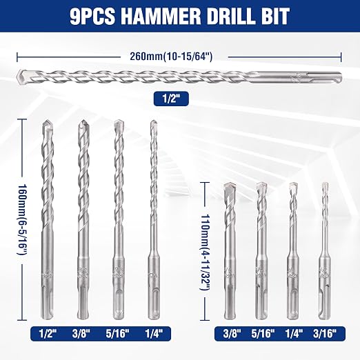 WORKPRO 16-Piece SDS-Plus Rotary Hammer Drill Bits and Chisel Set, Carbide-Tipped Masonry Drill Bits and Chisels for Concrete, Stone, Brick, with Storage Case