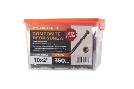 Coated Composite Deck Screws #10 x 2, Self Tapping Wood Screws and Deck Screws with Torx T20 Star Drive, Type 17 Point, Flat Head, 1 Free Bit Included (Dark Gray, 350), by YYL FASTENER