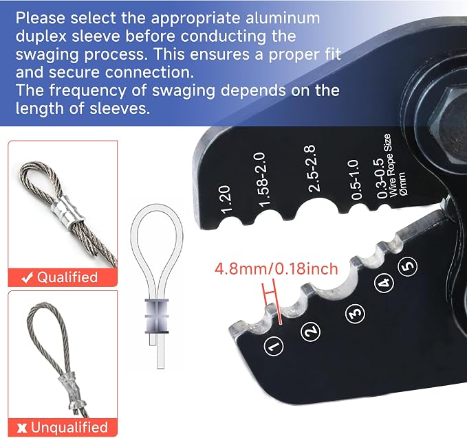 Wire Rope Crimping Tool with Ratchet, Ferrule Swaging Tool for Aluminum Sleeves, Loop Sleeves, Wire Rope Crimper for 1/64"-7/64'' (0.3mm-2.8mm) Cables, Heavy-Duty Swaging Tool for Railing,Fishing
