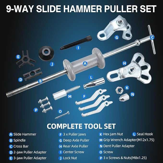 8MILELAKE 9 Way Slide Hammer Puller Axle Front Rear Wheel Bearing Dent Hub Gear Puller Remover Set