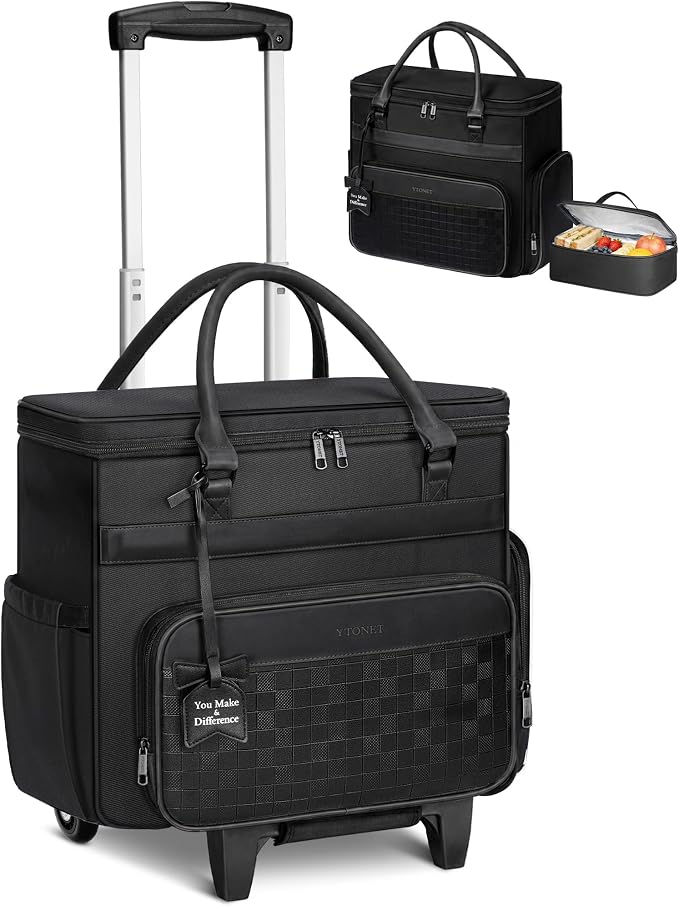 Ytonet Rolling Laptop Bag with Large Cup Holder, 15.6 In Rolling Briefcase for Women Rolling Teacher Bag with Insulated Lunch Box, Detachable Trolley Roller Tote Bags for Work, Office, Teacher, Black